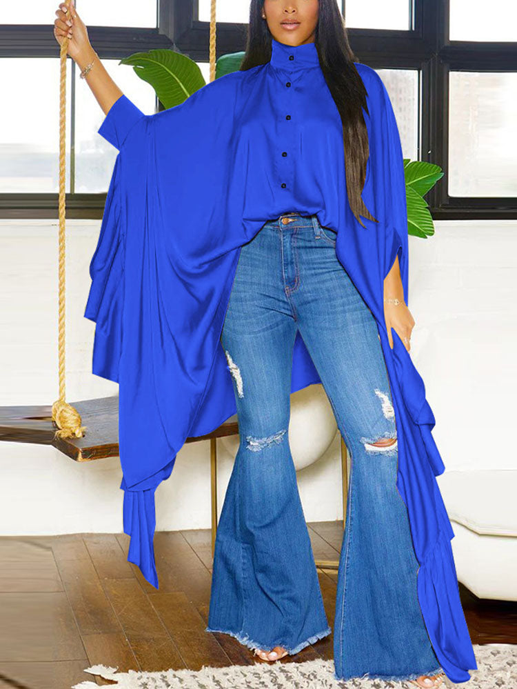 Blusa sedosa con botones y manga de murciélago holgada irregular 