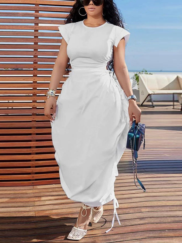 Vestidos de cintura con cordón y manga abullonada de color liso 