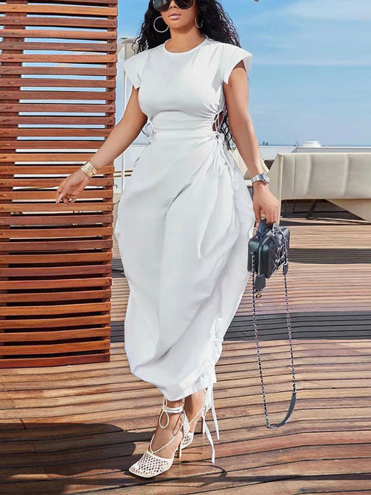 Vestidos de cintura con cordón y manga abullonada de color liso 