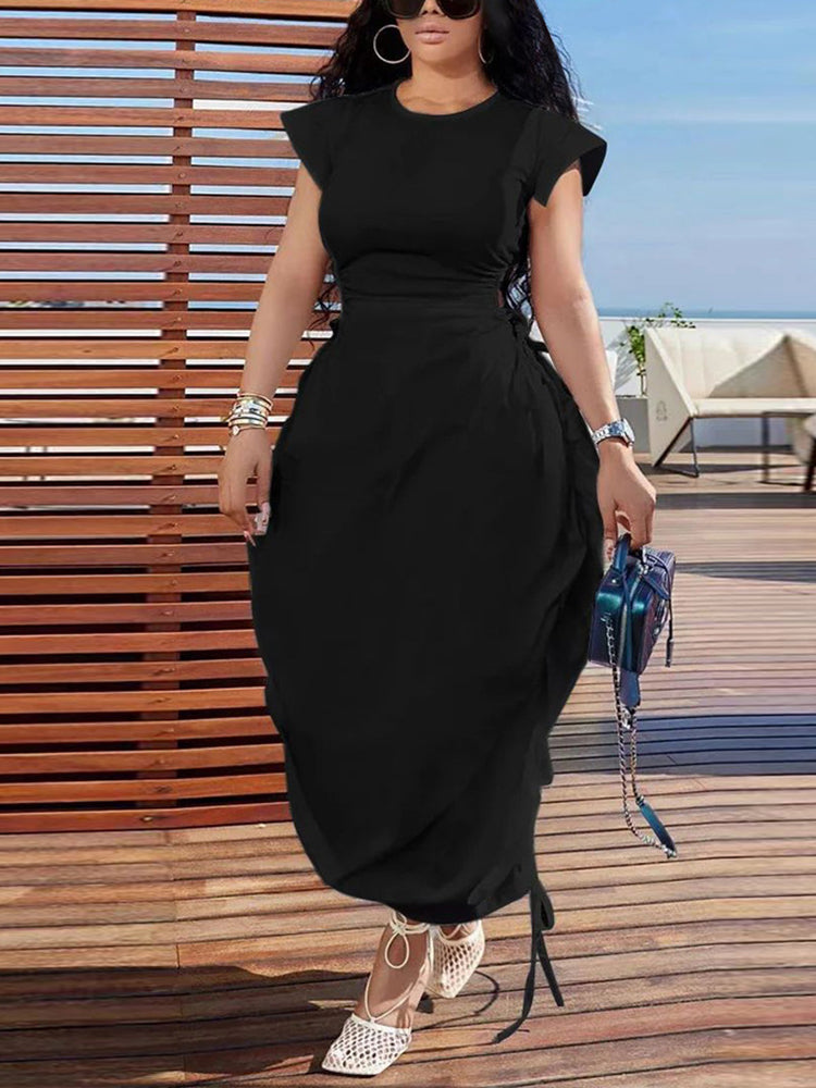 Solid Color Puff Sleeve Drawstring Waist Dress