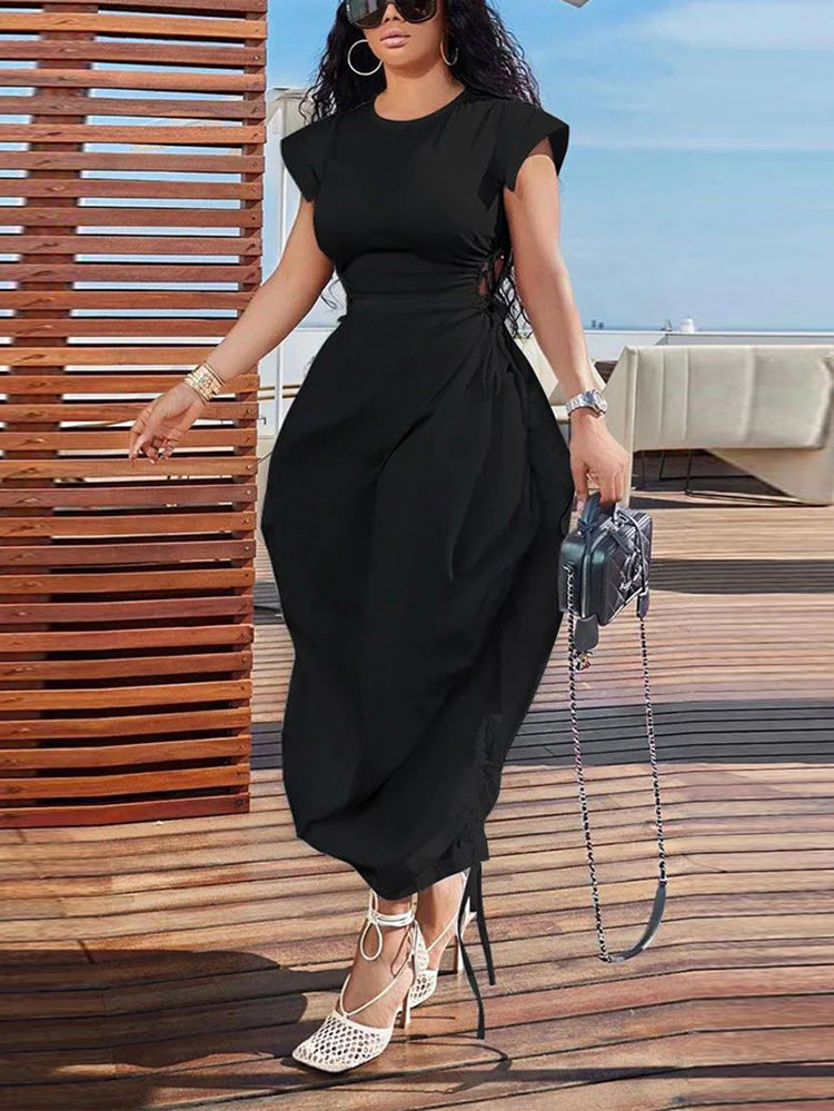 Solid Color Puff Sleeve Drawstring Waist Dress