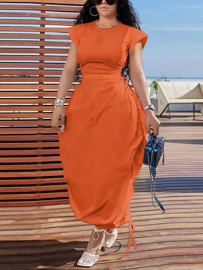 Solid Color Puff Sleeve Drawstring Waist Dress