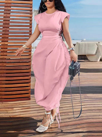 Solid Color Puff Sleeve Drawstring Waist Dress