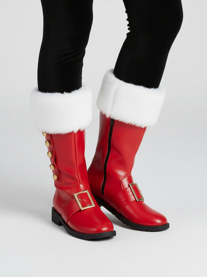 Fur Trim Buckles Bell Decor Santa Boots