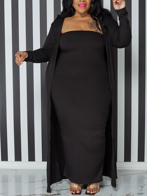 Two Piece Plus Size Solid Color Tube Dress & Cardigan Sets