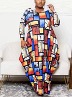 Vestido estampado con bolsillos y manga larga de talla grande 