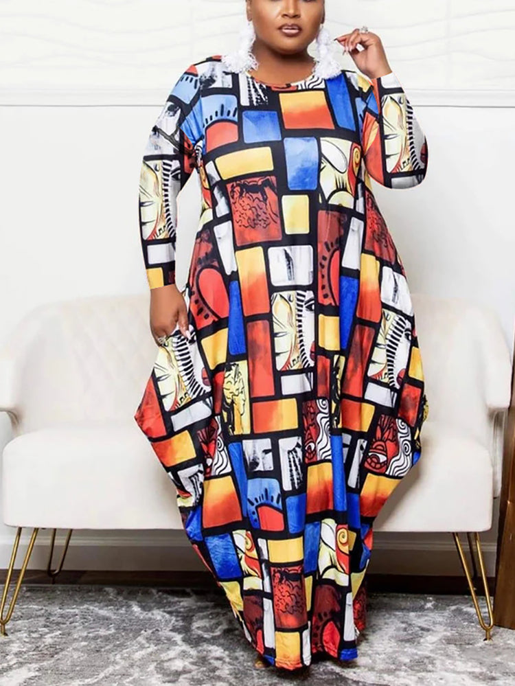 Vestido estampado con bolsillos y manga larga de talla grande 