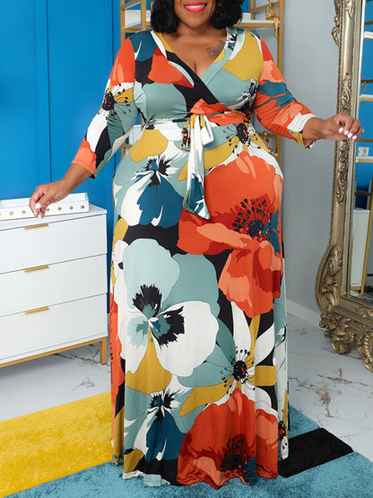 Vestido estampado floral de talla grande con bolsillos 