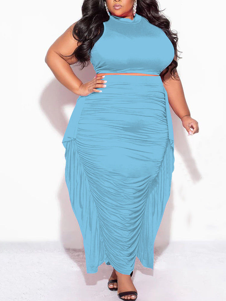 Two-Piece Plus Size Solid Color Fringe Skirt Set