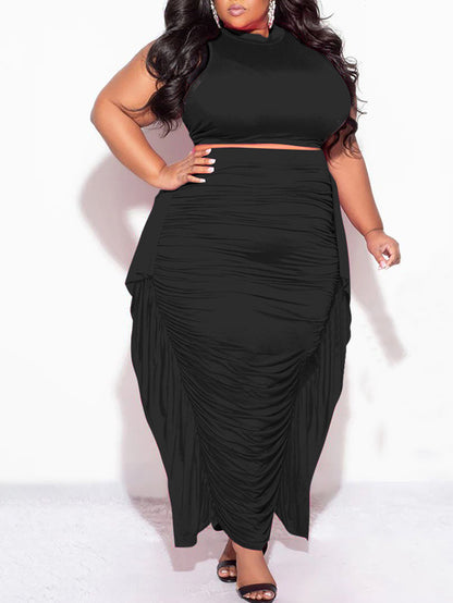 Two-Piece Plus Size Solid Color Fringe Skirt Set