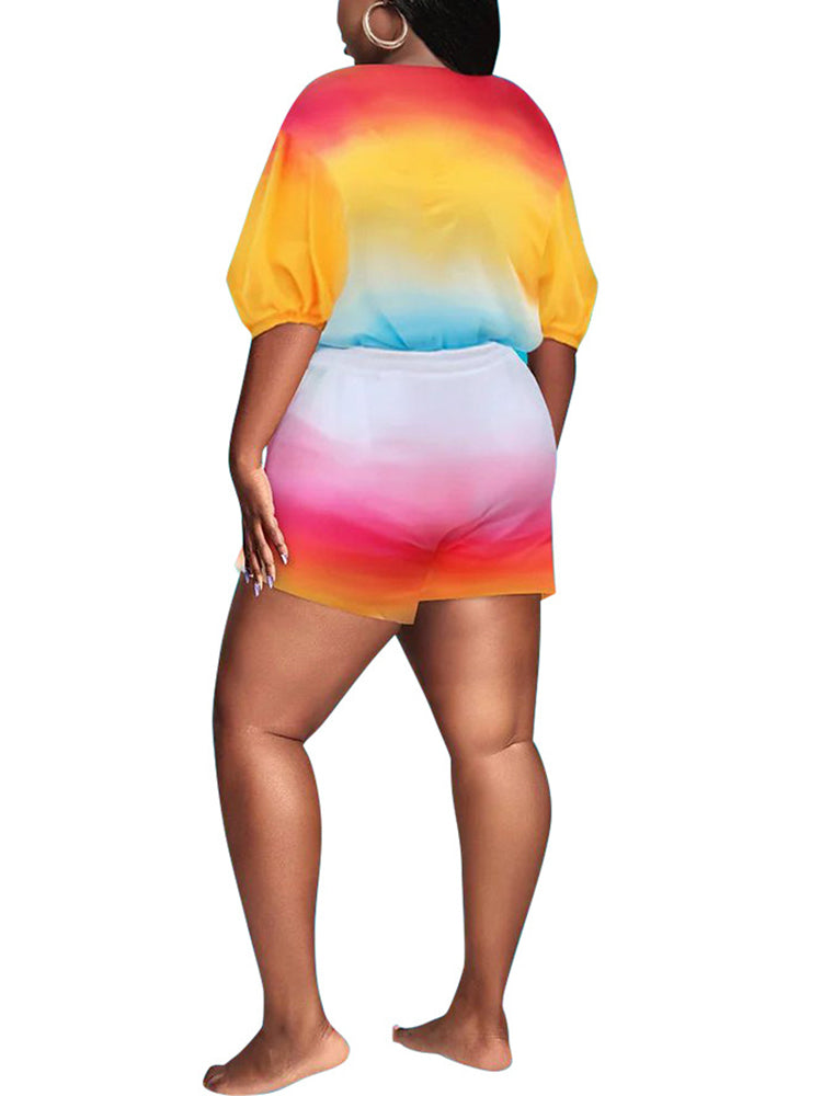 Plus Size Rainbow Gradient Color Shorts Set