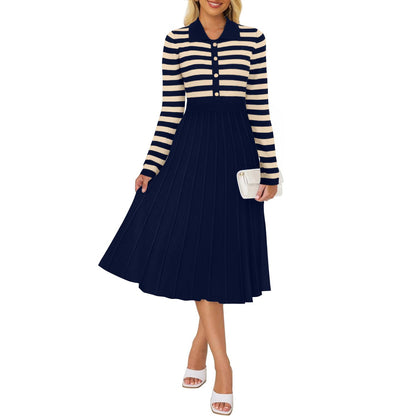 Striped Long Sleeve Button Ribbed Knit Dresses