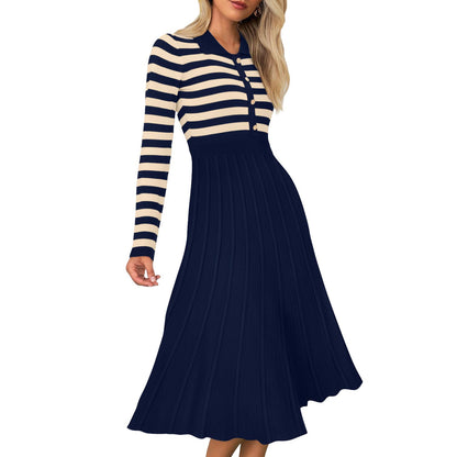 Striped Long Sleeve Button Ribbed Knit Dresses