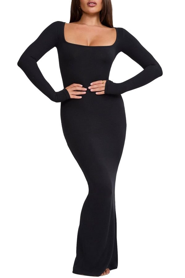 Long Sleeve Ribbed Square Neck Maxi Dress