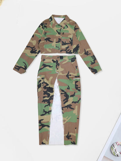 Two-Piece Camouflage Print Long Sleeve Midi Skirt Set