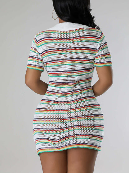 Collared Knit Striped Dress with Pearl Buttons