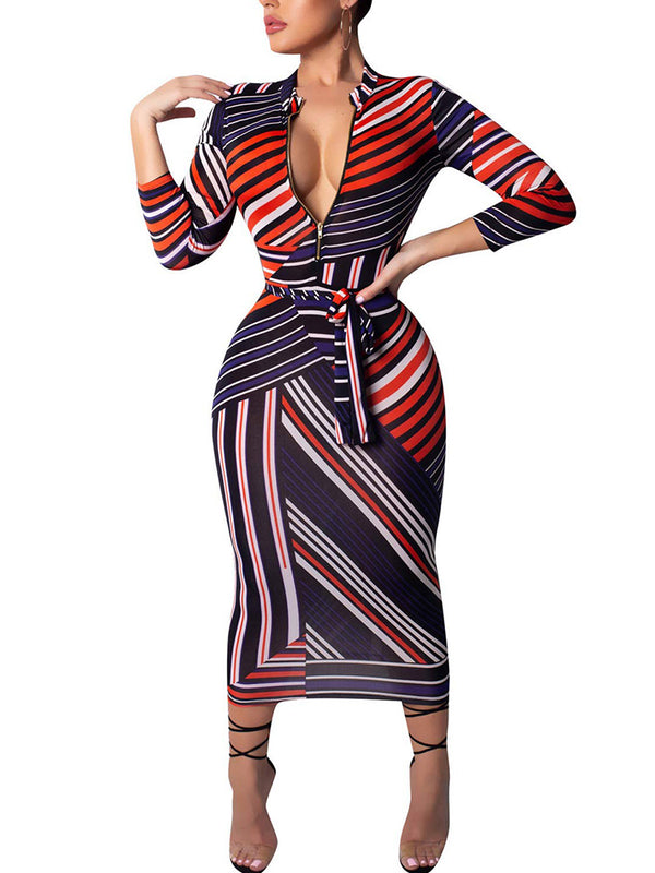 Long Sleeve Striped Color Block Midi Dresses