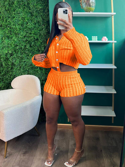 Two Piece Knit Crochet Crop Top Shorts