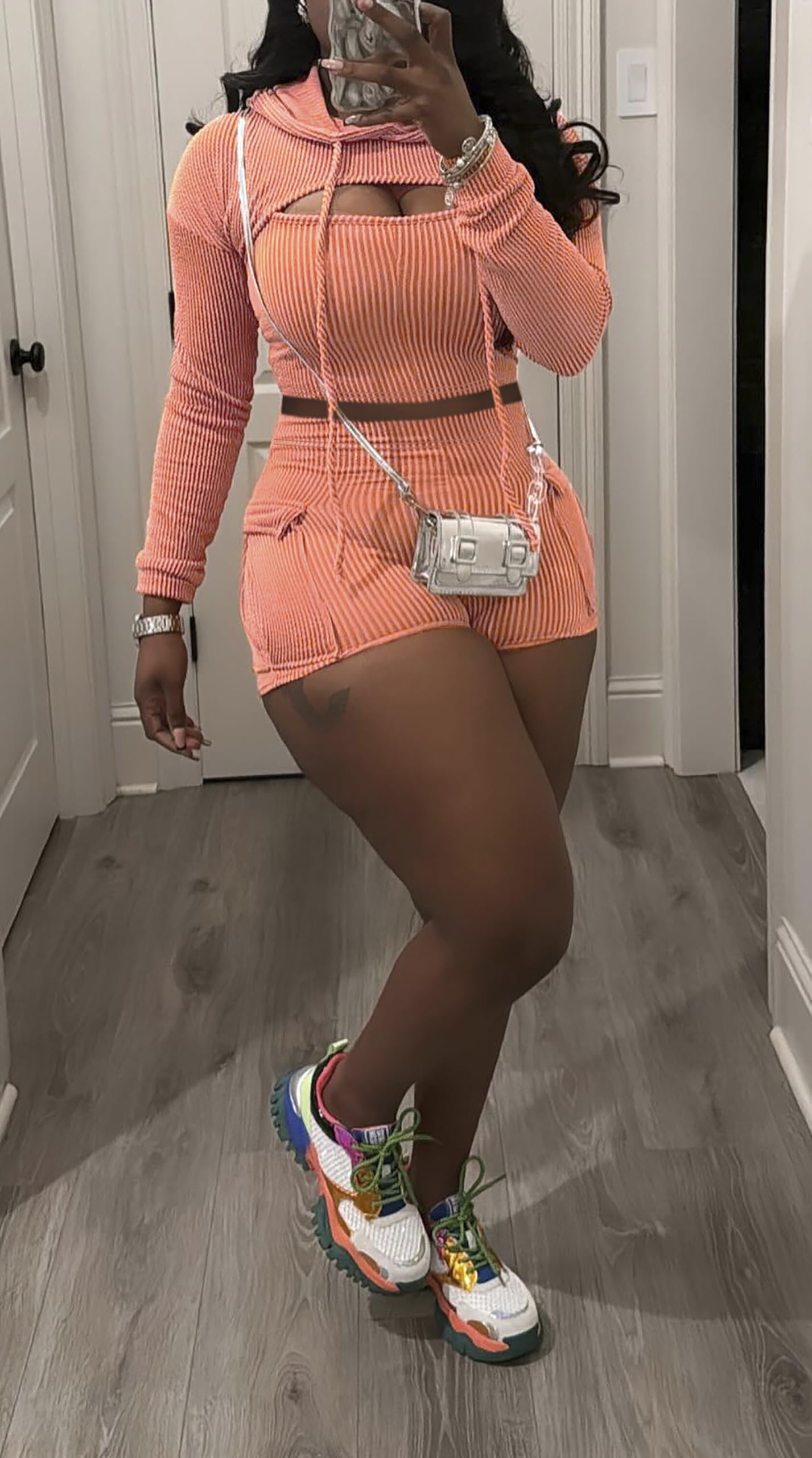 Three Piece Ribbed Hoodies Shorts Set