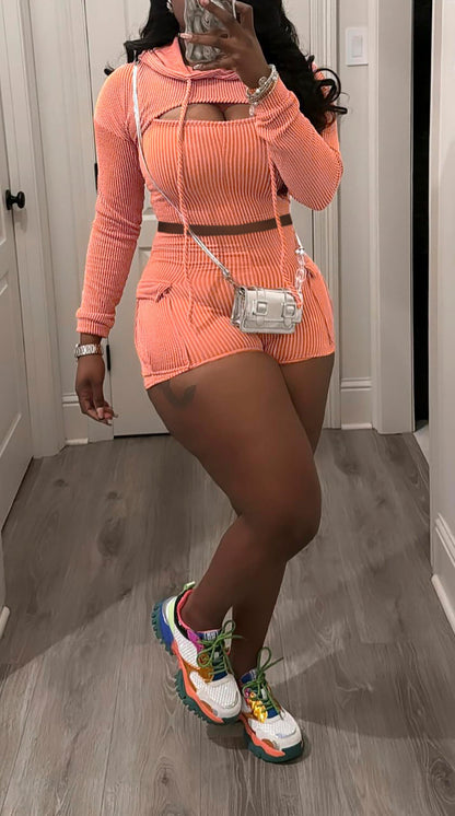 Three Piece Ribbed Hoodies Shorts Set