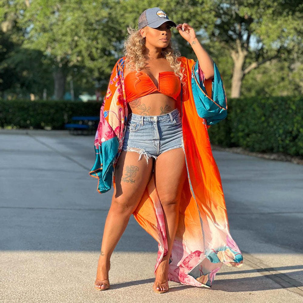 Cárdigan tipo pareo de playa con estampado floral de seda 