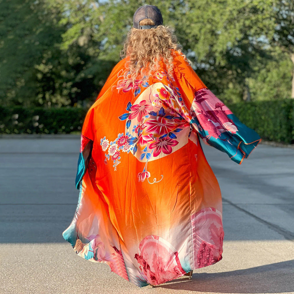 Cárdigan tipo pareo de playa con estampado floral de seda 