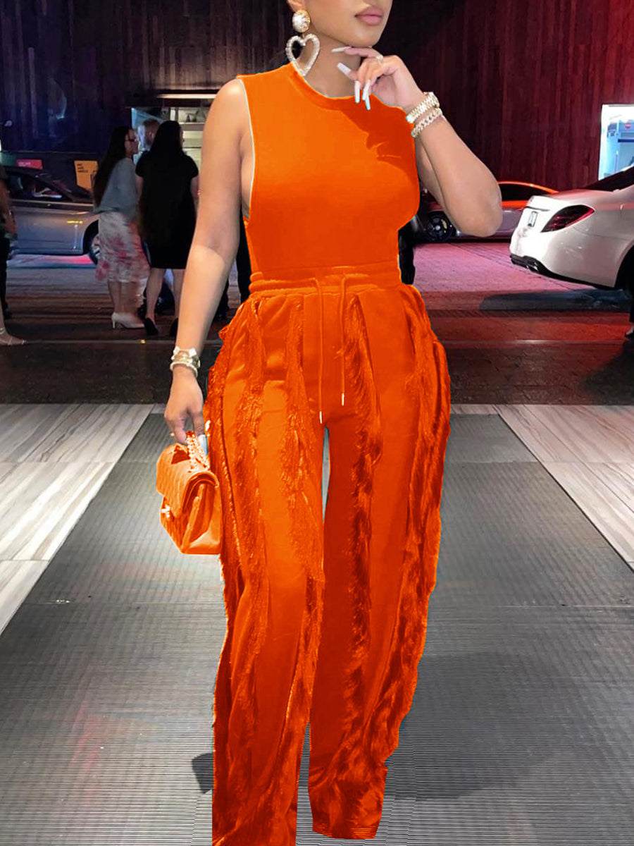 Two Piece Sleeveless Top Tassel Pants