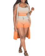Three Piece Ribbed Sleeveless Cardigan & Bodycon Shorts