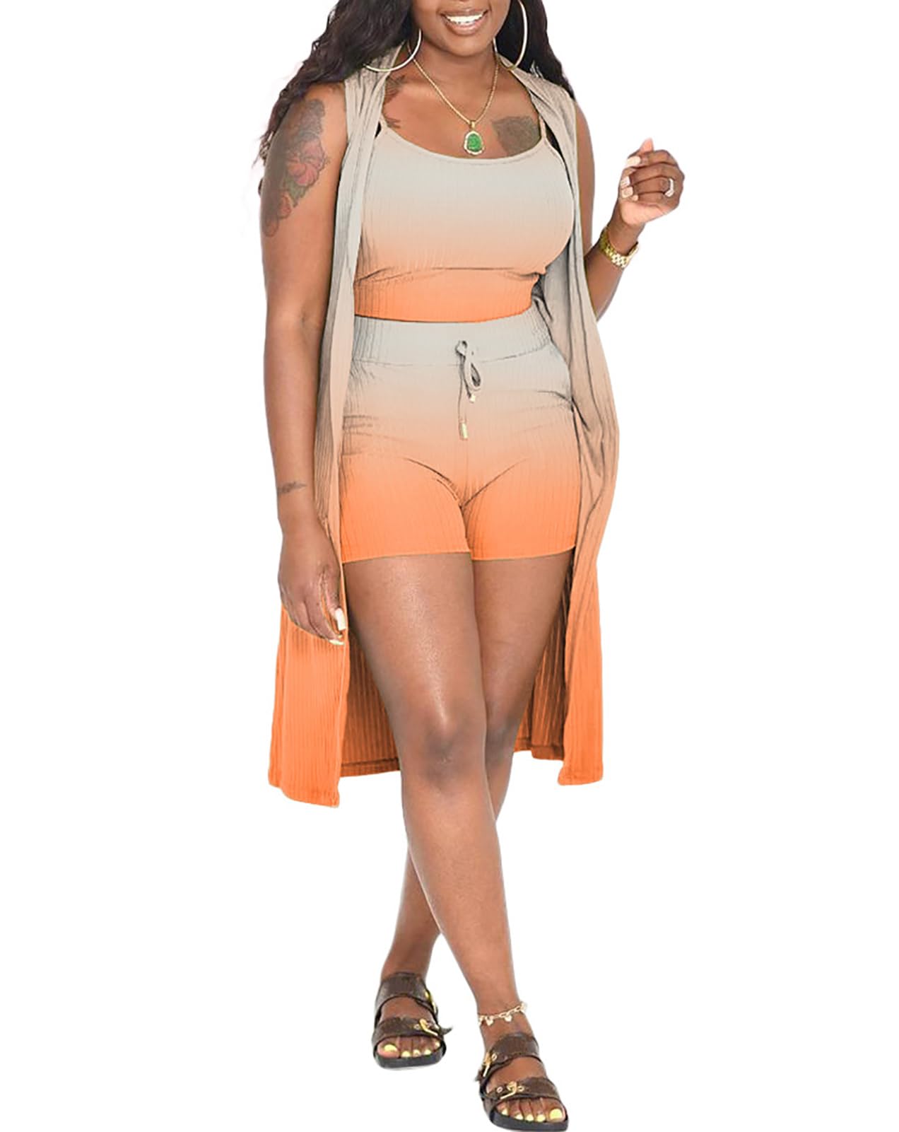 Three Piece Ribbed Sleeveless Cardigan & Bodycon Shorts