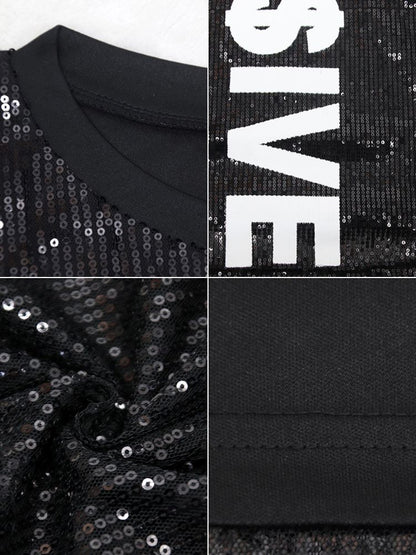 Letter Print Sequins Mesh Mini Dress