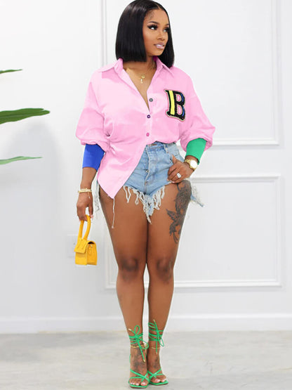 Color Block Letter Embroidery Button Down Shirts