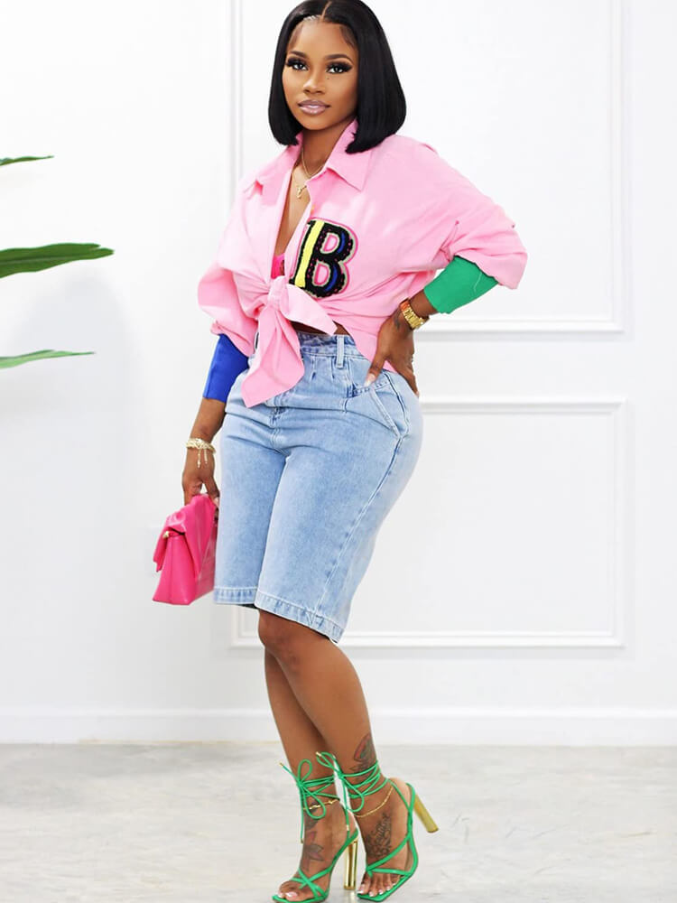 Color Block Letter Embroidery Button Down Shirts