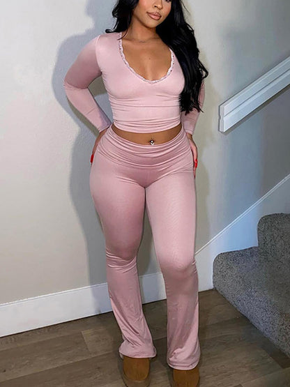 Two Piece Long Sleeve Crop Top Flare Pants Sets