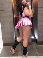 PU Leather Pleated Short Skirt