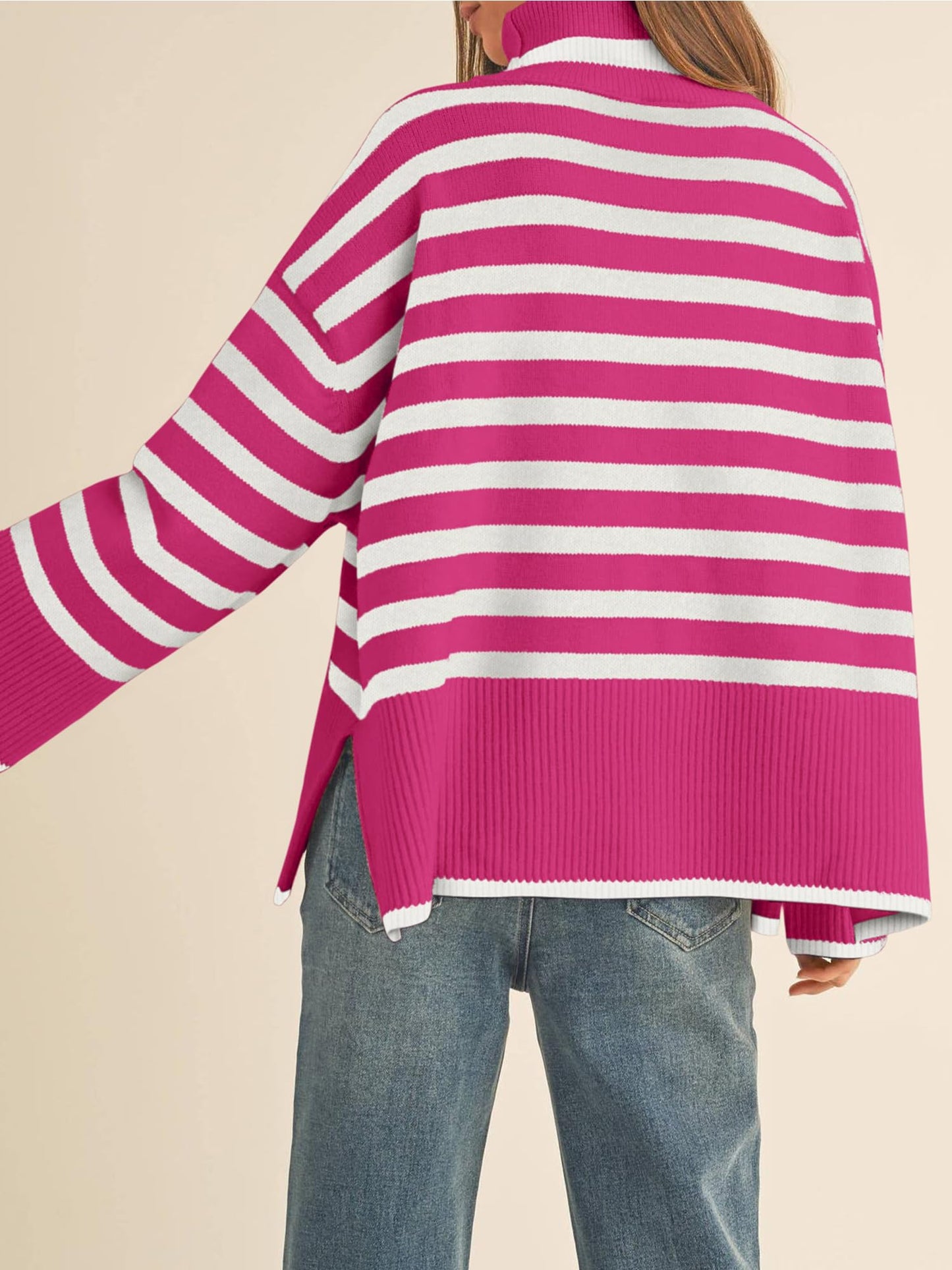 Long Sleeve Turtle Neck Striped Knit Top
