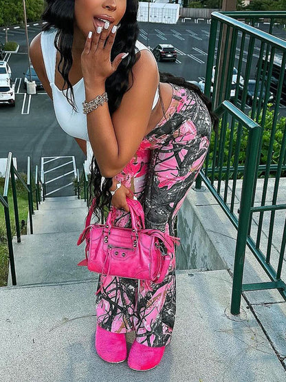 Pink Camo Graffiti High Waist Flare Jeans