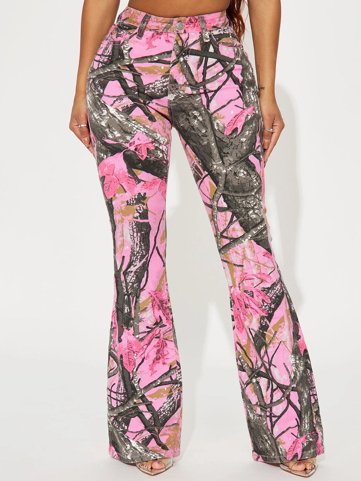 Pink Camo Graffiti High Waist Flare Jeans