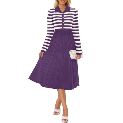 Striped Long Sleeve Button Ribbed Knit Dresses