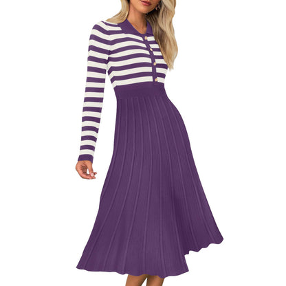 Striped Long Sleeve Button Ribbed Knit Dresses