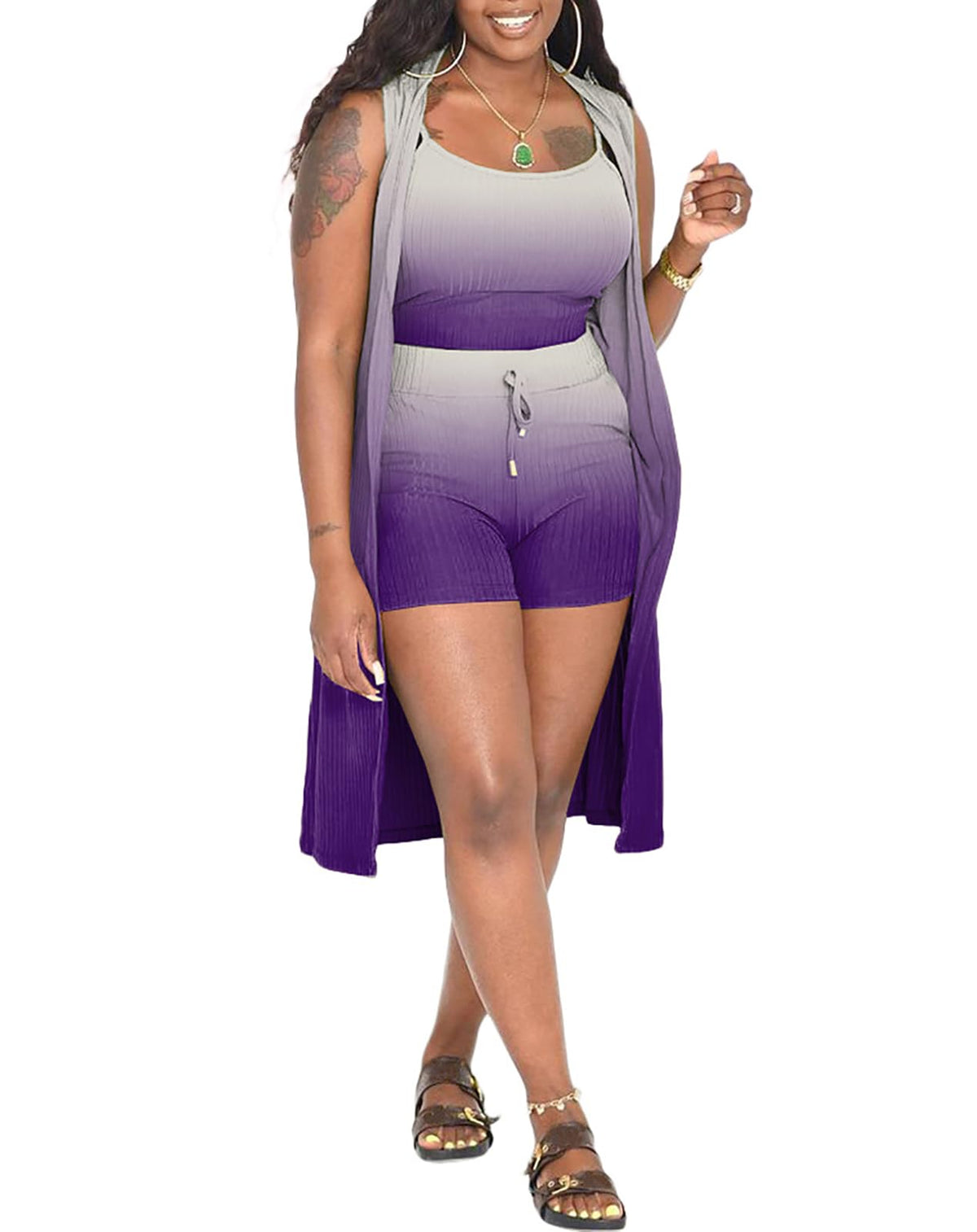 Three Piece Ribbed Sleeveless Cardigan & Bodycon Shorts