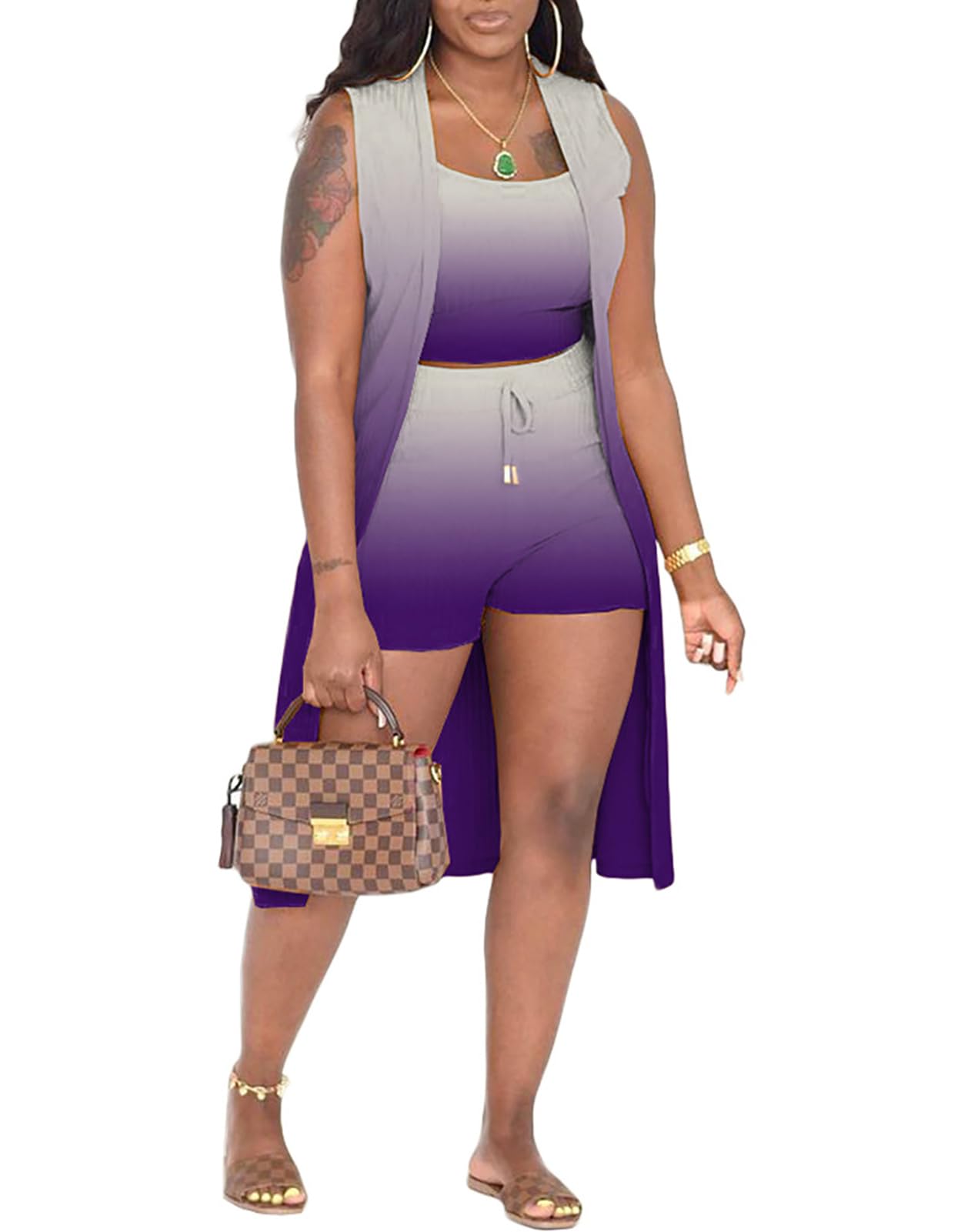 Three Piece Ribbed Sleeveless Cardigan & Bodycon Shorts