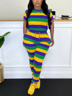 Two-Piece Striped Short Sleeve Top Pants Set