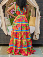 Vestido largo acampanado con tirantes y estampado floral de talla grande 