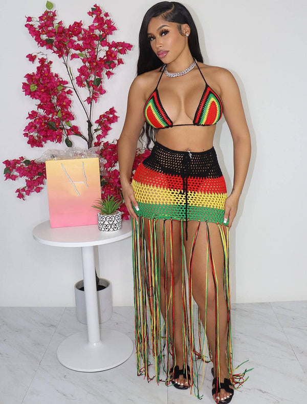 Two Piece Crochet Fishnet Bikini Top Tassel Skirt