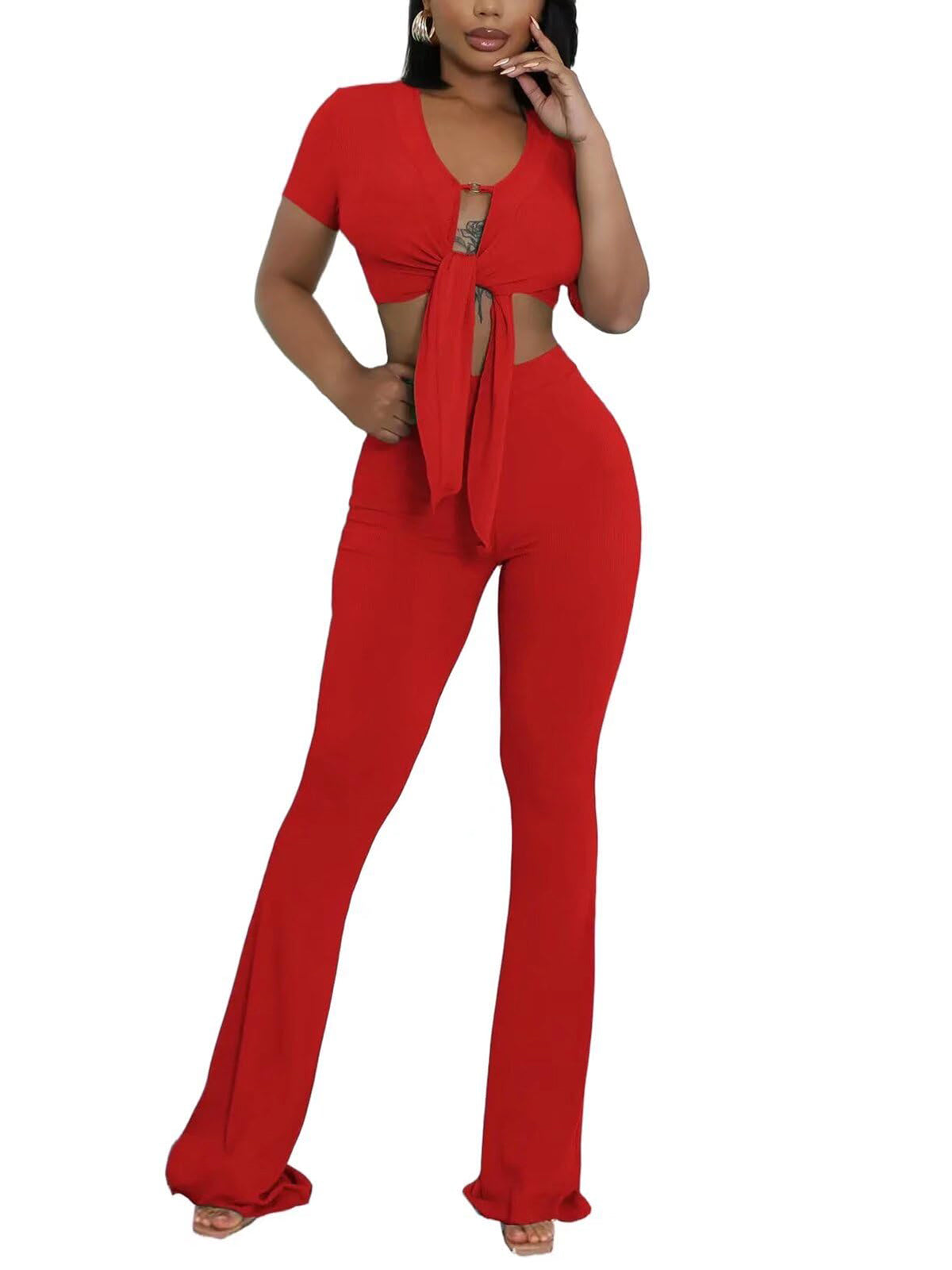 Two Piece Belted Crop Tops Wide Leg Pants Sets