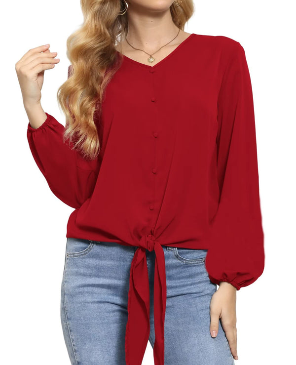 Bell Sleeve Solid Color V Neck Tops