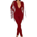 V Neck Tassel Sleeve Bodycon Jumpsuit