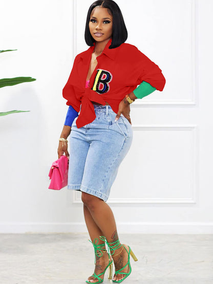 Color Block Letter Embroidery Button Down Shirts