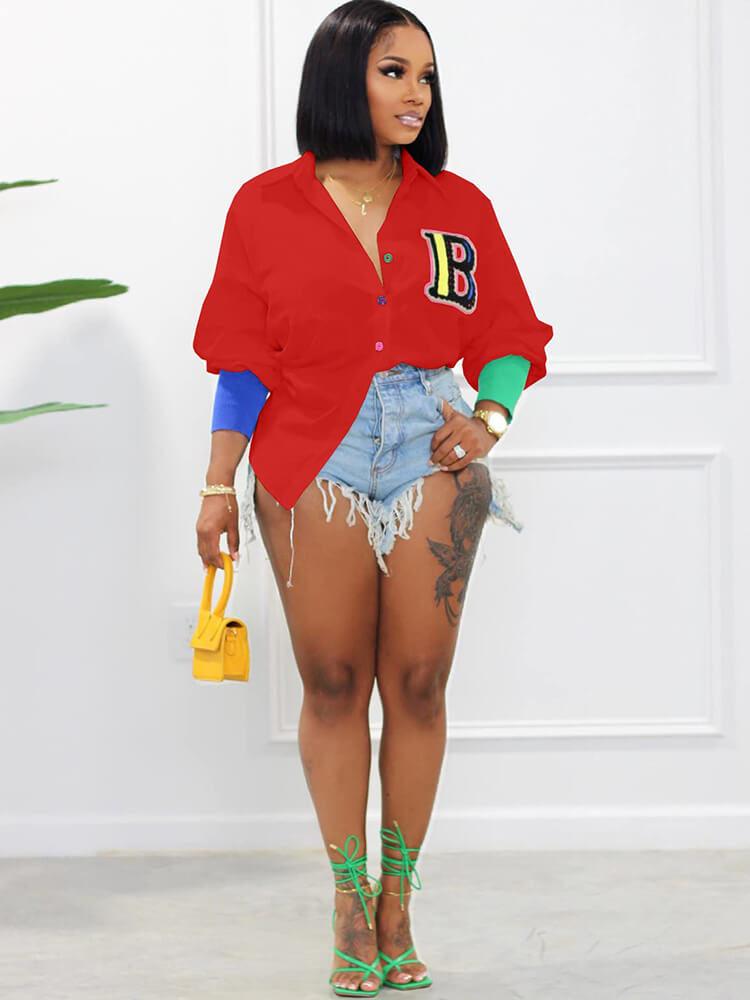 Color Block Letter Embroidery Button Down Shirts