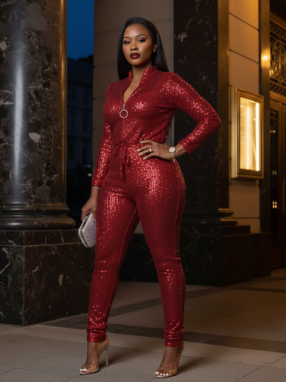 Long Sleeve Sequin Belted Jumpsuit
